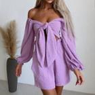 Set: Long-sleeve Off-shoulder Tie-front Crop Top + Shorts