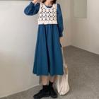 Plain Long-sleeve Midi Shift Dress / Crochet Knit Vest