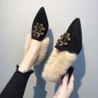 Pointed Block Heel Furry-trim Loafers