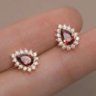 Rhinestone Stud Earring 1 Pair - White & Red & Gold - One Size