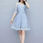 Cold-shoulder Crochet Trim A-line Lace Dress