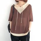 Mock Two-piece Short-sleeve Hooded Knit Top