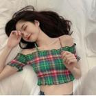 Plaid Slim-fit Cropped Camisole Top Green - One Size