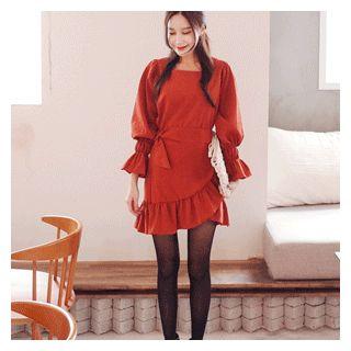 Set: Smocked-sleeve Top + Frilled Wrap Skirt