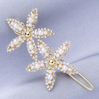 Floral Hair Clip 1 - Double Flower - Rhinestone & Faux Pearl - One Size