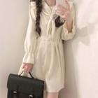 Long-sleeve Tie Neck Mini A-line Dress White - One Size