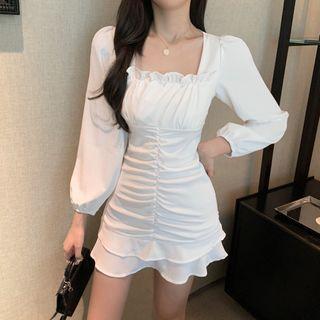 Ruffle Trim Square-neck Long-sleeve Mini Bodycon Dress