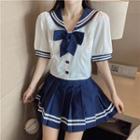 Bow Sailor Collar Blouse / Pleated Mini A-line Skirt / Set