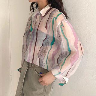Curve Stripe Printed Long-sleeve Sheer Shirt