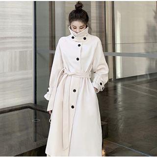 Stand-collar Wool Coat With Sash