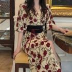 Elbow-sleeve Flower Print Midi Dress As Shown In Figure - One Size