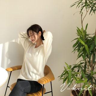 V-neck Colored Wool Blend Knit Top