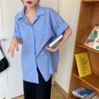 Short-sleeve Striped Shirt / Plain Midi Skirt