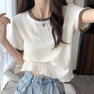 Short-sleeve Contrast Trim Textured T-shirt