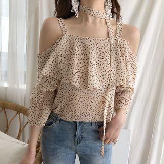 Printed Cold Shoulder 3/4-sleeve Chiffon Top