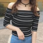 Striped Off Shoulder Elbow Sleeve Knit Top