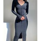Long Sleeve V-neck Ribbed-knit Plain Maxi Dress