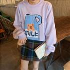 Long-sleeve Bear Printed Sweater / Plaid Mini Skirt