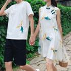 Couple Matching Short-sleeve Bird Print T-shirt / Shorts / Sleeveless Crane Embroidered A-line Dress