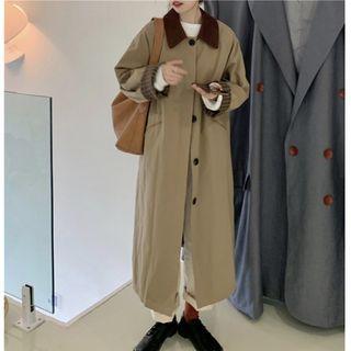 Collared Plaid Button-up Long Coat Khaki - One Size