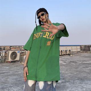 Elbow-sleeve Lettering Zip-up Jacket