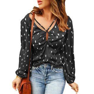 Long-sleeve Dotted Drawstring Blouse