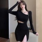Long Sleeve Plain Cutout Dress Black - One Size
