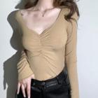 Long-sleeve Square-neck Ruched Knit Cropped Top