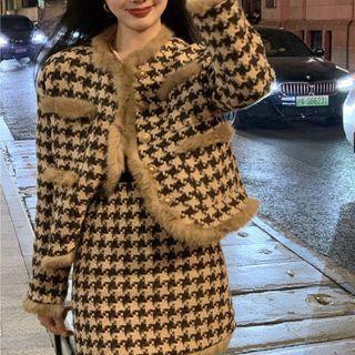 Houndstooth Fluffy Trim Jacket / Mini A-line Skirt