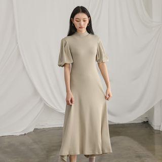 Mock-neck Puff-sleeve Long Dress