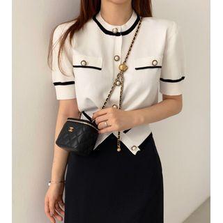 Short-sleeve Button-up Knit Top / High-waist Irregular Midi A-line Skirt