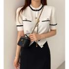 Short-sleeve Button-up Knit Top / High-waist Irregular Midi A-line Skirt