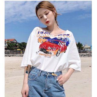 Elbow-sleeve Car Print Top