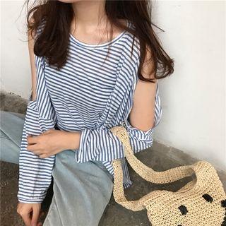 Striped Cold Shoulder Long-sleeve T-shirt