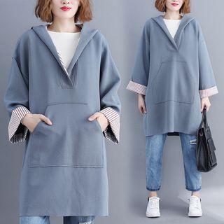 V-neck Long Hoodie Light Blue - One Size