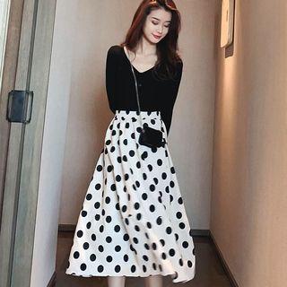 Set: Ribbed Cardigan + Dotted Midi A-line Skirt