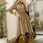 Long-sleeve Pleated Irregular Midi A-line Shirtdress