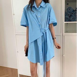 Elbow-sleeve Irregular A-line Shirtdress Blue - One Size