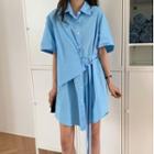 Elbow-sleeve Irregular A-line Shirtdress Blue - One Size