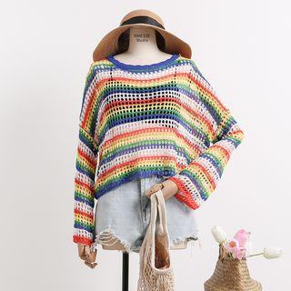 Rainbow-stripe Open-knit Top Blue - One Size