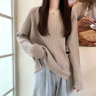 Round-neck Plain Ribbed Split Oversize Sweater