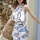 Patterned Frilled Halter Swimdress