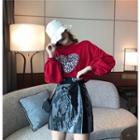 Halter Long-sleeve Pullover / Faux Leather Mini A-line Skirt