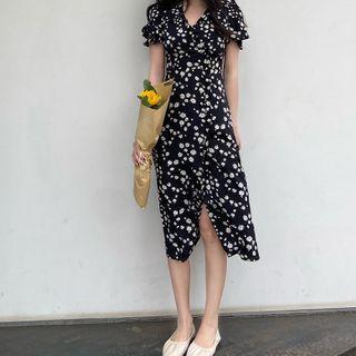 Short-sleeve Floral Midi Dress White Daisy - Black - One Size