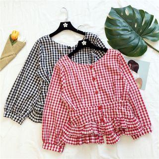 Gingham Ruffle Hem Blouse