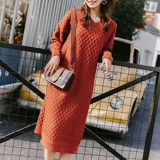Plain V-neck Long Sleeve Midi Knit Dress