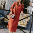 Plain V-neck Long Sleeve Midi Knit Dress