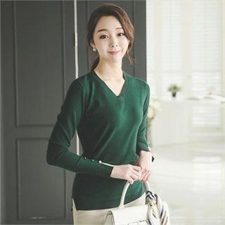 V-neck Button-sleeve Knit Top