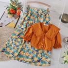 Set Of 2 : Plain Peter Pan Collar Top + Floral A-line Maxi Skirt
