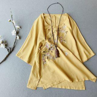 Elbow-sleeve Floral Embroidered Frog-buttoned Blouse